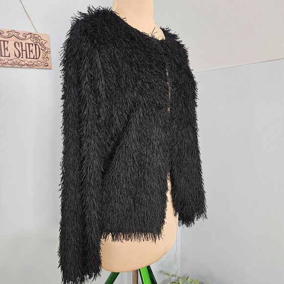 Max Edition Cardigan Womens XL Black Eyelash Shaggy Fringe Knit Open Sweater - Picture 4 of 13